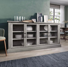 70 Inch Sideboard Buffet Cabinet, Entertainment Center with Storage, Glass Display Cabinet with Adjustable Shelves Console Table Storage Cabinet for Living Room, Dining Room, Gray Wash