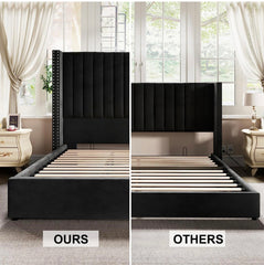 King Bed Frame Lift Up Storage Bed, Velvet King Upholstered Bed Frame/Channel Tufted Wingback Headborad/No Box Spring Needed