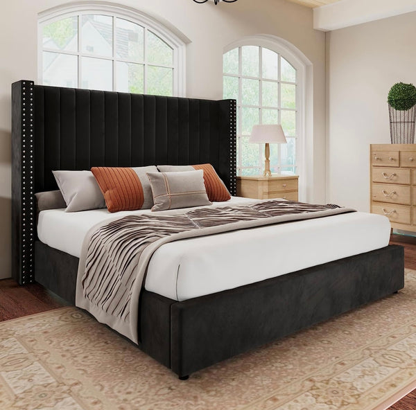 King Bed Frame Lift Up Storage Bed, Velvet King Upholstered Bed Frame/Channel Tufted Wingback Headborad/No Box Spring Needed