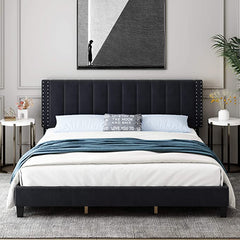 King Size Bed Frame, Adjustable Headboard, 10 Inch Upholstered Platform, Bedstead, Mattress Foundation, Wooden Slats Support, No Box Spring Needed, Easy Assembly - Black