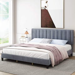 King Size Bed Frame, Adjustable Headboard, 10 Inch Upholstered Platform, Bedstead, Mattress Foundation, Wooden Slats Support, No Box Spring Needed, Easy Assembly - Black