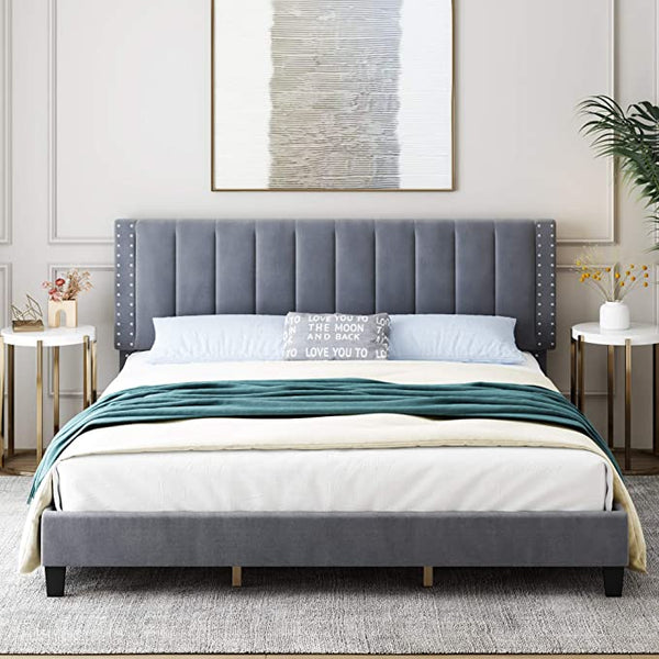 King Size Bed Frame, Adjustable Headboard, 10 Inch Upholstered Platform, Bedstead, Mattress Foundation, Wooden Slats Support, No Box Spring Needed, Easy Assembly - Black