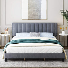 King Size Bed Frame, Adjustable Headboard, 10 Inch Upholstered Platform, Bedstead, Mattress Foundation, Wooden Slats Support, No Box Spring Needed, Easy Assembly - Black