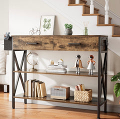 39" Console Table with 2 Drawers, Industrial Entryway Table with 3 Tier Storage Shelves, Narrow Sofa Table for Entry Way, Hallway, Couch, Living Room, Kitchen, Rustic Brown