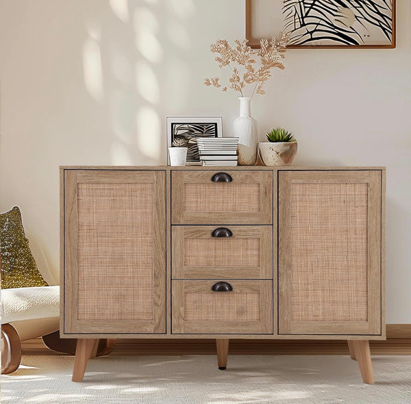 Kitchen Buffet Cabinet with Storage, Credenza, Buffets & Sideboards, Natural Rattan Cabinet, Accent Cabinet, Entertainment Center with Storage (Natural Oak)