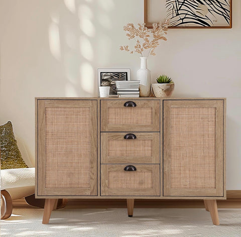 Kitchen Buffet Cabinet with Storage, Credenza, Buffets & Sideboards, Natural Rattan Cabinet, Accent Cabinet, Entertainment Center with Storage (Natural Oak)