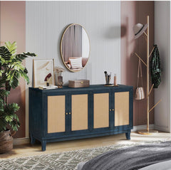 Rattan Sideboard Buffet Cabinet, Storage Cabinet with 4 Rattan Doors, Console Table for Living Room, Hallway, Entryway (Blue)
