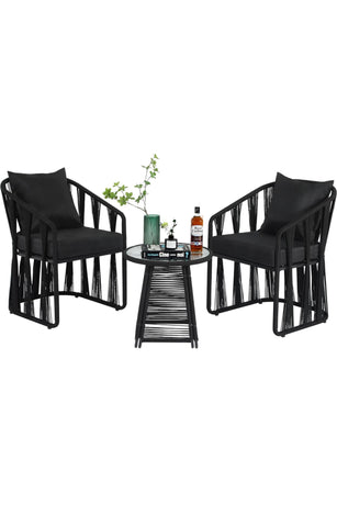 3 Pieces Outdoor Patio Furniture Set Woven Rope Chairs, Outdoor Chairs with Table and Soft Cushions,Ideal for Yard,Garden,Balcony,Poolside Conversation,Black
