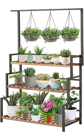 Hanging Plant Shelves Indoor 3-Tier Stand with Bar, Flower Pot Organizer Outdoor Shelf for Multiple Plants, Wood Rack with Metal Frame for Garden Balcony Patio Bedroom Office