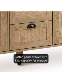 Kitchen Buffet Cabinet with Storage, Credenza, Buffets & Sideboards, Natural Rattan Cabinet, Accent Cabinet, Entertainment Center with Storage (Natural Oak)