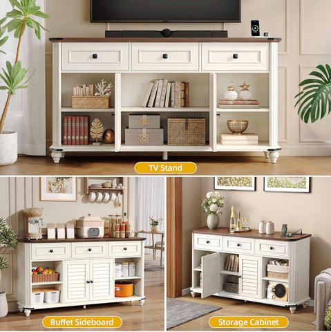 Farmhouse TV Stand for 65 Inch TV, 31.5" Tall Entertainment Center w/3 Drawers & Shutter Doors, Rustic Media Console Cabinet w/Storage Shelves, Wood Television Stand for Living Room, Rustic White