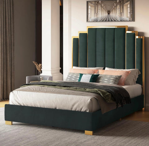 Platform Bed Frame, 61.4" Velvet Upholstered Bed with Gold Trim Headboard/Wooden Slats/No Box Spring Needed/Grey Queen