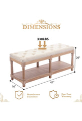 Tufted Extra-Long Entryway Bench with Shoe Storage, 47” French Vintage Bedroom Benches Upholstered Dining Benches, Beige