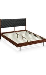 Acacia Astoria Solid Wood Queen Platform Bed Frame with Upholstered Headboard, Any Mattress Support, Noise-Free Slats Support, 30 Mins Assembly, Mid Century Modern Style, Walnut