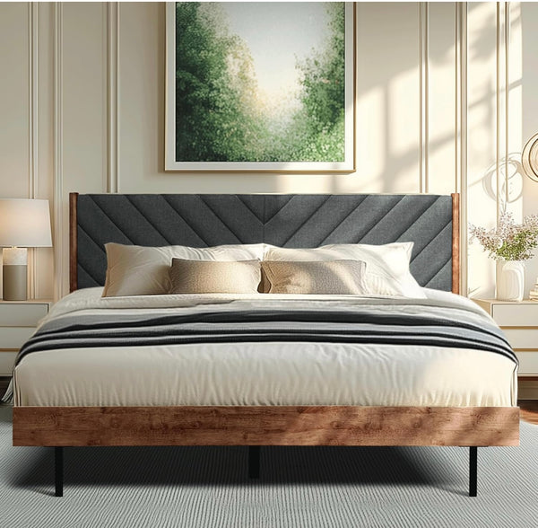 Acacia Astoria Solid Wood Queen Platform Bed Frame with Upholstered Headboard, Any Mattress Support, Noise-Free Slats Support, 30 Mins Assembly, Mid Century Modern Style, Walnut