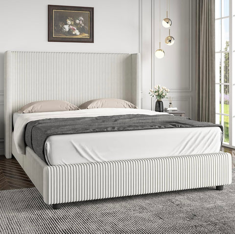 Queen Size Bed Frame, Velvet Upholstered Bed Frame with Vertical Channel Tufted Headboard, Low Profile Bed Design, No Box Spring Needed, Easy Assembly, Beige