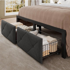Full Size Bed Frame with 2 Storage Drawers, Metal Platform Bed with Charging Station, Upholstered Button Tufted Storage Headboard, No Box Spring Needed, Noise-Free, Easy Assembly
