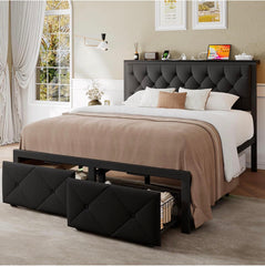 Full Size Bed Frame with 2 Storage Drawers, Metal Platform Bed with Charging Station, Upholstered Button Tufted Storage Headboard, No Box Spring Needed, Noise-Free, Easy Assembly