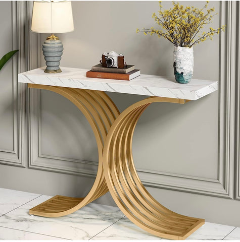 Entryway Console Table with Gold Metal Base, 39-inch Modern Foyer Entry Tables, Narrow Sofa Accent Table with White Faux Marble Top for Entrance, Hallway, Living Room (Gold&Whtie)