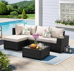 Patio Furniture Set 5 Pieces All Weather Patio Conversation Sets Wicker PE Rattan Outdoor Sectional Couch Sofa Set with Cushion Ottoman & Coffee Table for Garden, Backyard, Beige