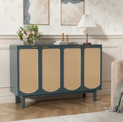 Sideboard Buffet Cabinet with 4 Rattan Doors, Accent Storage Cabinet with Shelves, Free Standing TV Console Table, Modern Teal Cabinet for Kitchen, Dining Room, Living Room, Bedroom, Hallway