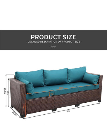 Patio Couch PE Wicker 3-Seat Outdoor Brown Rattan Sofa Deep Seating Furniture with Non-Slip Beige Cushions