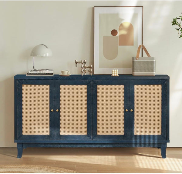 Rattan Sideboard Buffet Cabinet, Storage Cabinet with 4 Rattan Doors, Console Table for Living Room, Hallway, Entryway (Blue)