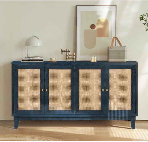 Rattan Sideboard Buffet Cabinet, Storage Cabinet with 4 Rattan Doors, Console Table for Living Room, Hallway, Entryway (Blue)