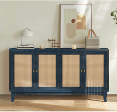 Rattan Sideboard Buffet Cabinet, Storage Cabinet with 4 Rattan Doors, Console Table for Living Room, Hallway, Entryway (Blue)