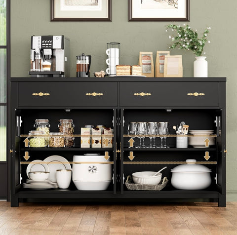 Buffet Cabinet with Storage, 55.1" Large Sideboard Buffet Cabinet, Farmhouse Sideboard Kitchen Cabinet with 2 Drawers and 4 Doors, Wood Coffee Bar Cabinet Buffet Table for Kitchen