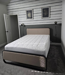 Metal Bed Frame with Curved Upholstered Headboard and Footboard, Platform Bed Frame with Under Bed Storage, No Box Spring Needed, Vintage, Beige