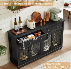 Farmhouse Sideboard Buffet Cabinet with Storage,59" Large Credenza with 4 Glass Doors & 2 Drawers,Adjustable Shelves Console Table,Wood Kitchen Coffee Bar for Dining Room,Living Room,Black