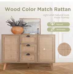 Kitchen Buffet Cabinet with Storage, Credenza, Buffets & Sideboards, Natural Rattan Cabinet, Accent Cabinet, Entertainment Center with Storage (Natural Oak)
