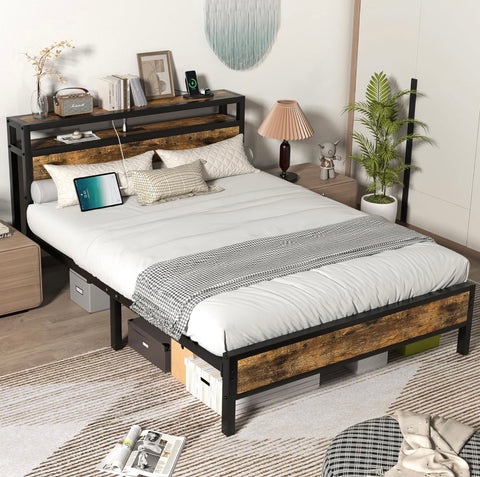 Full Bed Frame with Charging Station Headboard, Platform Bed with 2-Tier Storage Shelf, Strong Support Legs, Noise-Free, No Box Spring Needed,Vintage Brown
