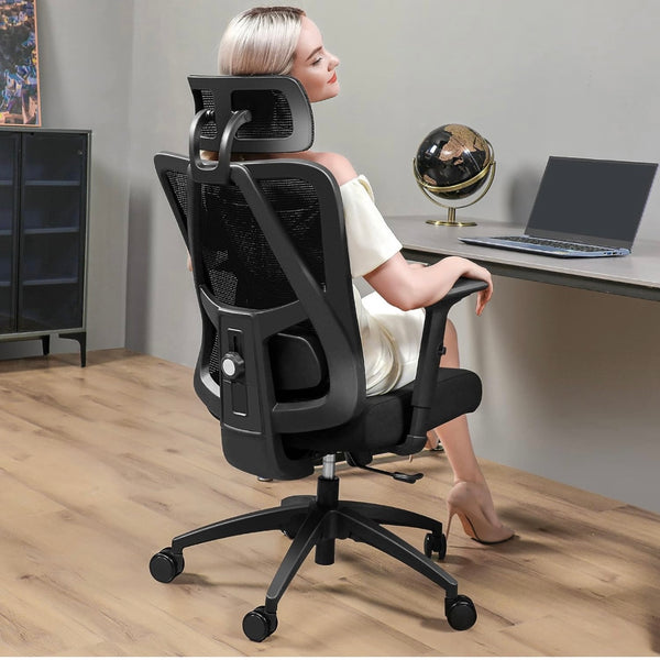 Primy Ergonomic Office Chair, Computer Desk Chair with Adjustable Sponge Lumbar Support, Comfortable Thick Cushion High Back Desk Chair with Adjustable Headrest and PU Armrests