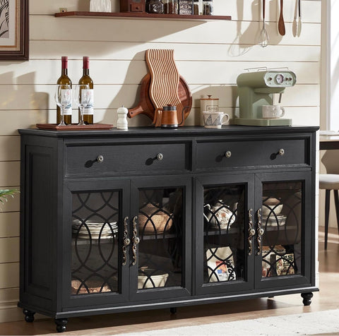 Farmhouse Sideboard Buffet Cabinet with Storage,59" Large Credenza with 4 Glass Doors & 2 Drawers,Adjustable Shelves Console Table,Wood Kitchen Coffee Bar for Dining Room,Living Room,Black