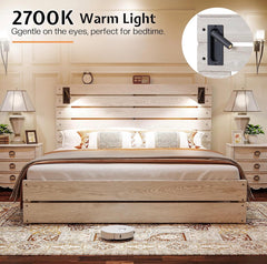 King Size Farmhouse Bed Frame with 51" Barn Door Headboard, LED Reading Lights, Platform Bed Frame with Wood Slats, Under Bed Storage Space, Noisy Free, Easy Assembly, Ash White