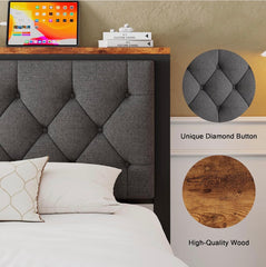 Full Size Bed Frame with 2 Storage Drawers, Metal Platform Bed with Charging Station, Upholstered Button Tufted Storage Headboard, No Box Spring Needed, Noise-Free, Easy Assembly