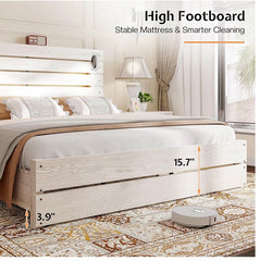 King Size Farmhouse Bed Frame with 51" Barn Door Headboard, LED Reading Lights, Platform Bed Frame with Wood Slats, Under Bed Storage Space, Noisy Free, Easy Assembly, Ash White
