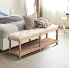 Tufted Extra-Long Entryway Bench with Shoe Storage, 47” French Vintage Bedroom Benches Upholstered Dining Benches, Beige