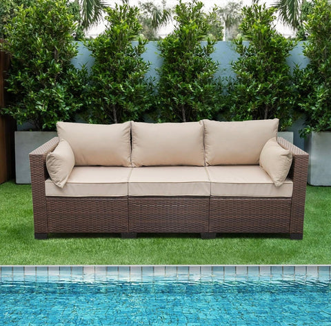 Patio Couch PE Wicker 3-Seat Outdoor Brown Rattan Sofa Deep Seating Furniture with Non-Slip Beige Cushions