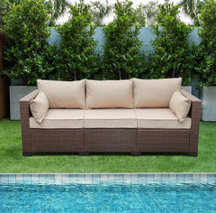 Patio Couch PE Wicker 3-Seat Outdoor Brown Rattan Sofa Deep Seating Furniture with Non-Slip Beige Cushions