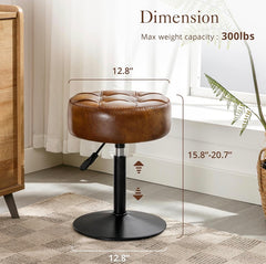 Adjustable Vanity Stool, 360°Swivel Vanity Chair for Makeup Room, Brown Stool Chair for Vanity, Small Faux Leather Vanity Stools for Bathroom, Living Room