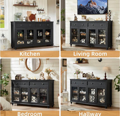Farmhouse Sideboard Buffet Cabinet with Storage,59" Large Credenza with 4 Glass Doors & 2 Drawers,Adjustable Shelves Console Table,Wood Kitchen Coffee Bar for Dining Room,Living Room,Black