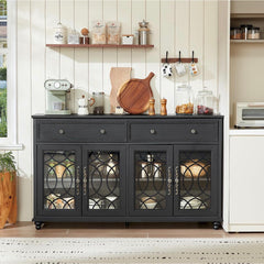 Farmhouse Sideboard Buffet Cabinet with Storage,59" Large Credenza with 4 Glass Doors & 2 Drawers,Adjustable Shelves Console Table,Wood Kitchen Coffee Bar for Dining Room,Living Room,Black