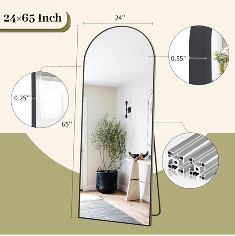65"x24" Full Length Mirror, Arch Full Body Floor Mirror, Wall Mirrors Hanging or Leaning Arched-Top with Stand for Bedroom, Dressing Room, Black