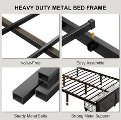 Full Size Bed Frame with 2 Storage Drawers, Metal Platform Bed with Charging Station, Upholstered Button Tufted Storage Headboard, No Box Spring Needed, Noise-Free, Easy Assembly