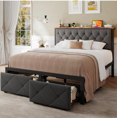 Full Size Bed Frame with 2 Storage Drawers, Metal Platform Bed with Charging Station, Upholstered Button Tufted Storage Headboard, No Box Spring Needed, Noise-Free, Easy Assembly