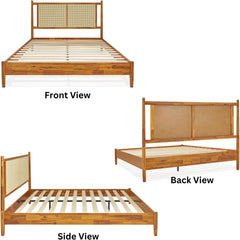 15 Inch Signature Bed Frame with Rattan Headboard - Bohemian & Mid Century Style - Acacia Wood - 12 Strong Wood Slat Support - Easy Assembly - No Box Spring Needed - Caramel, Queen