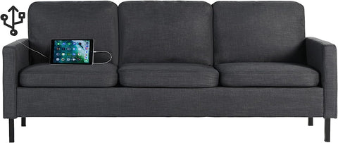 72" W Fabric 3 Seater Couch with 2 USB, Comfortable Sectional Couches and Sofas for Living Room Bedroom Office Small Space, Easy Assembly & Comfy Cushion Dark Grey